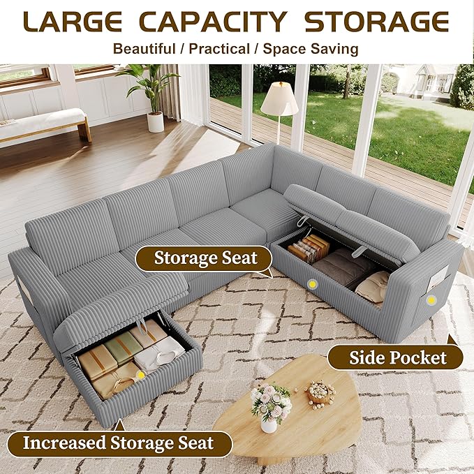 106.7" Sectional Sleeper Sofa with Pull Out Couch, Modern 7 Seat U Shaped Modular Couch, Sectionals Modular Sofa with Storage, Comfy Corduroy Couches Sectional for Living Room & Apartment, Gray