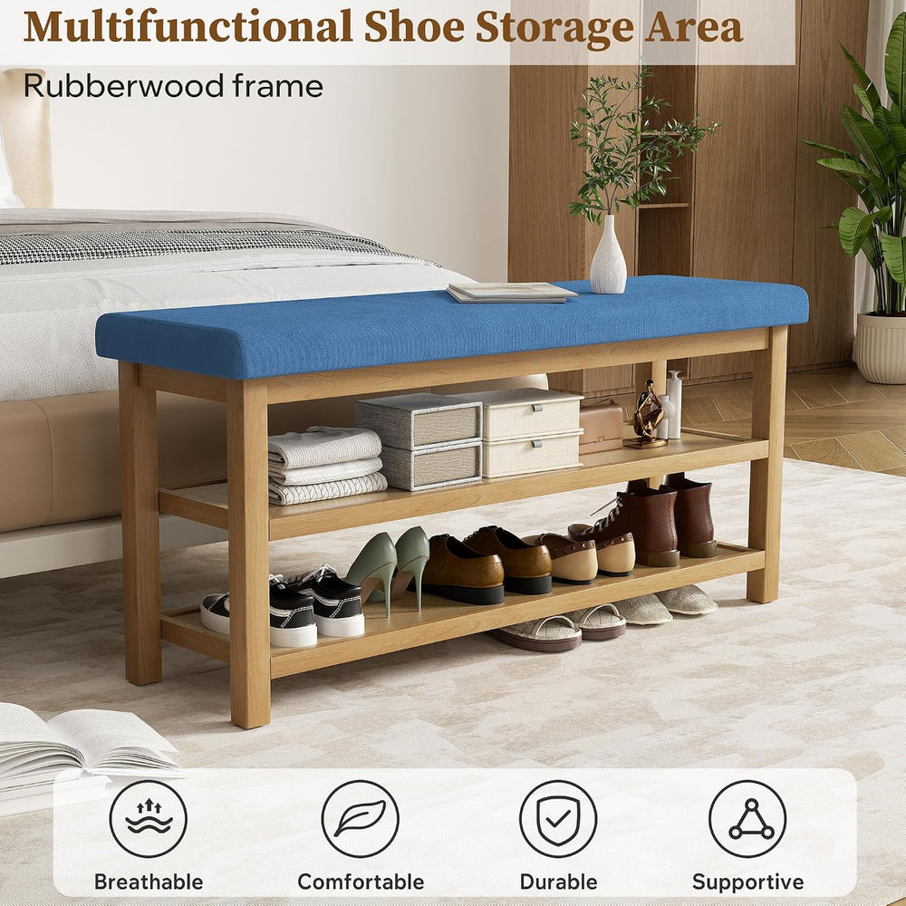 2 Tier Shoe Rack Bench with Cushion, Rubberwood Shoe Benches, Mid-Century Mod...