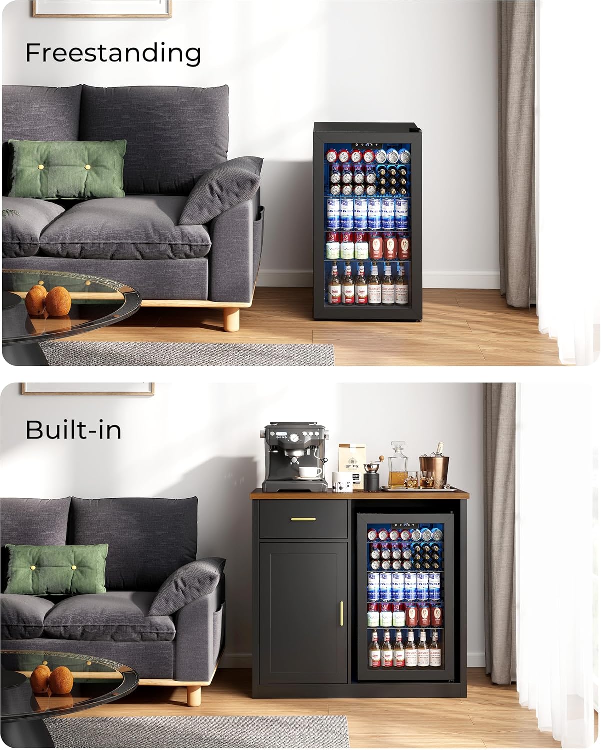 39" Mini Fridge Cabinet, Coffee Bar with Mini Fridge Space, Black | Coffee Bar Cabinet, Mini Fridge Compatible, Drawer Storage, Adjustable Shelf, Wood Grain Countertop, Living Room or Home Bar