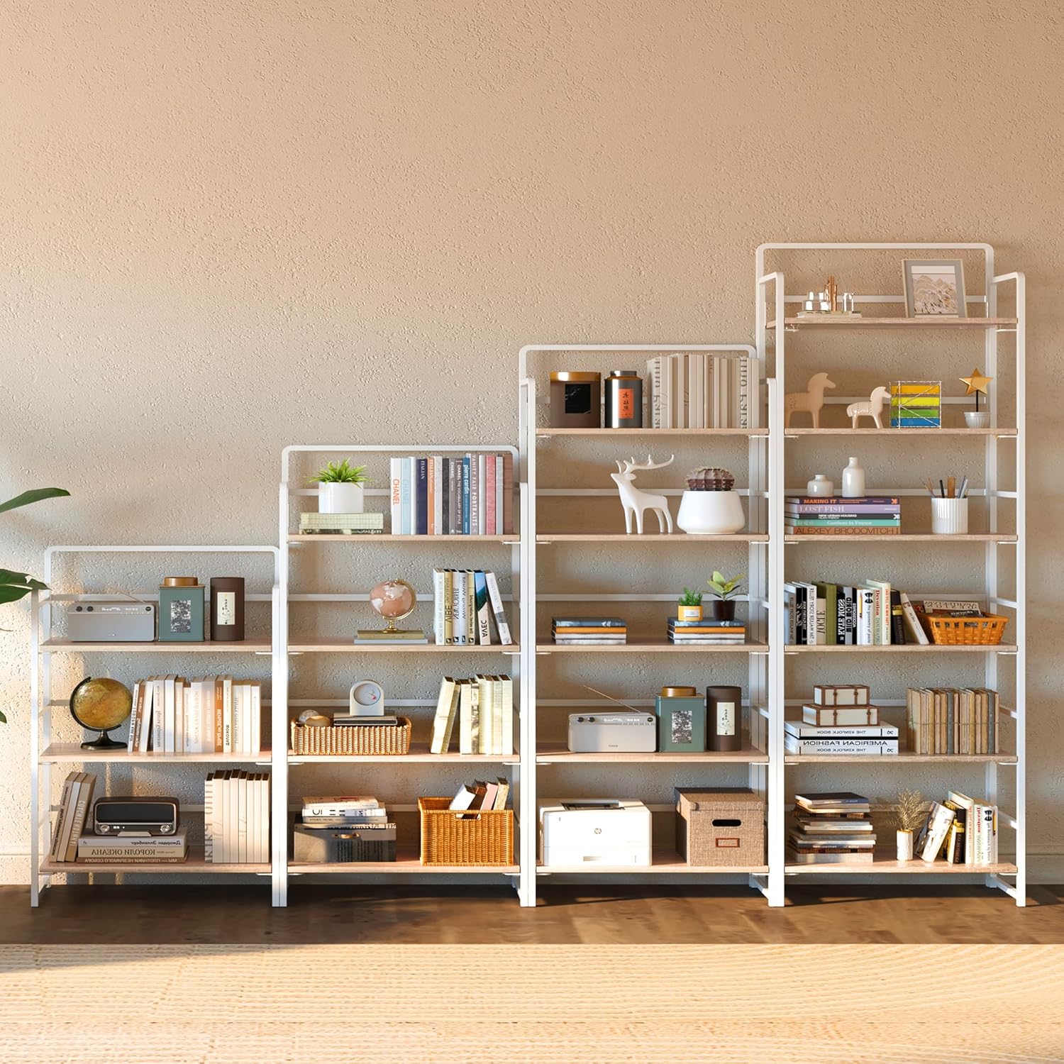 4NM No Assembly 6 Tiers Folding Bookshelf Storage Shelves Vintage Bookcase Standing Racks Study Organizer Home Office (Natural White)