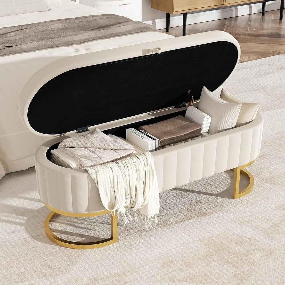 Storage Ottoman Bench, 45" Velvet End of Bed Bench Bedroom Bench with Go...