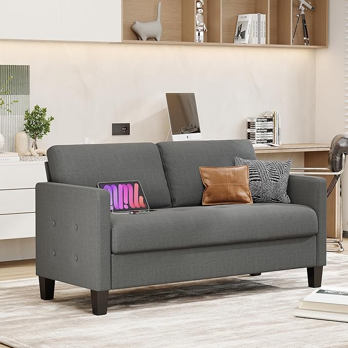 STHOUYN Comfy Loveseat Sofa Small Grey Couch, Small Love Seat Bedroom, Mid Century Modern Couches Living Room Dorm Office, 2 Seater Couch Deep Seat Sofas, 57”W (Dark Grey (Loveseat))