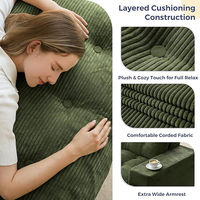 MAXYOYO 63" Loveseat Sofa Couch for Small Spaces, Upholstered Boneless Cloud Couch for Apartment Bedroom, 2-Seater Love Seat Floor Modern Sofa with Pillows, No Assembly Required, Dark Green