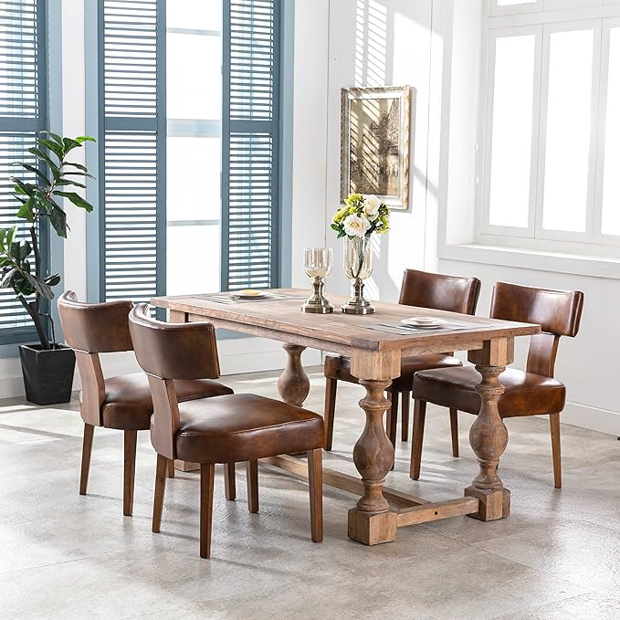 Set of 4 PU Leather Upholstered Side Chairs, Modern Kitchen Armless Parson Chairs Solid Wood Dining Chairs, Brown