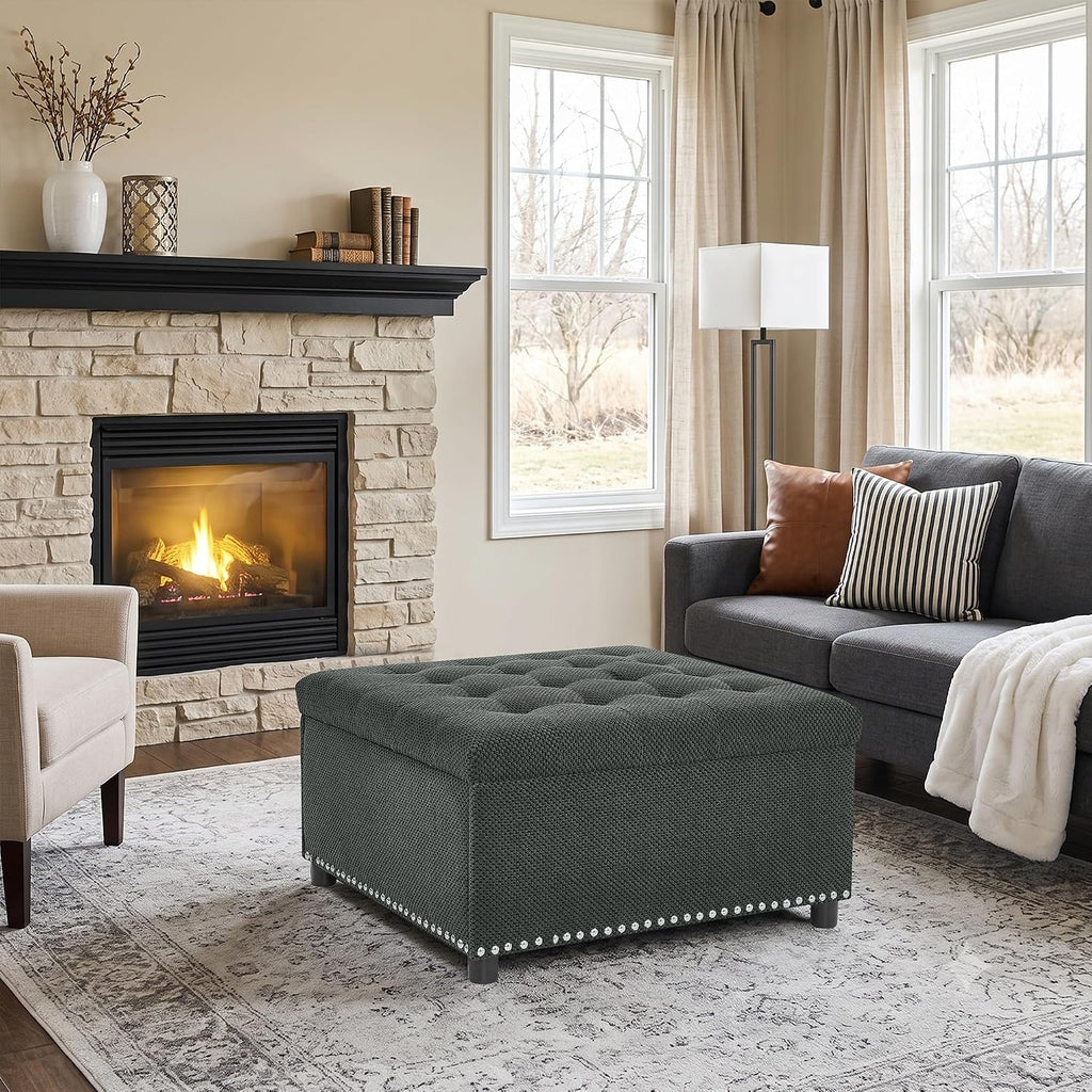 Mofolit Square Storage Ottoman Versatile Coffee Table(30",Dark Grey) | Vintage Tufted Nailhead Ottoman Couch Footrest For Living room ,Bedroom ,Entryway And Apartment.