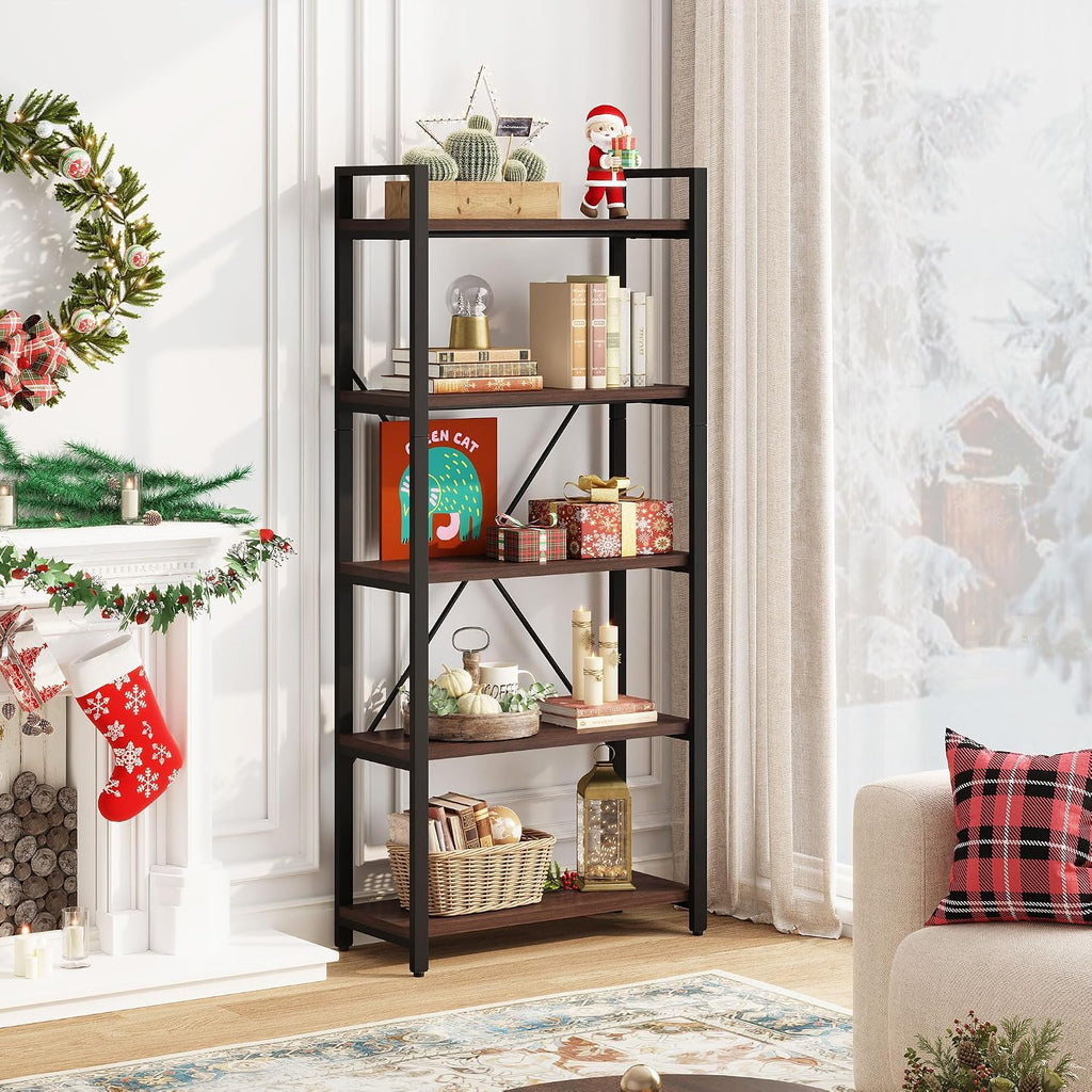 5 Tier Industrial Bookshelf, Rustic Etagere Bookcase for Display, Vintage Shelving Unit Wood and Metal Tall Book Shelves for Home Office (Dark Walnut)