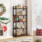 5 Tier Industrial Bookshelf, Rustic Etagere Bookcase for Display, Vintage Shelving Unit Wood and Metal Tall Book Shelves for Home Office (Dark Walnut)
