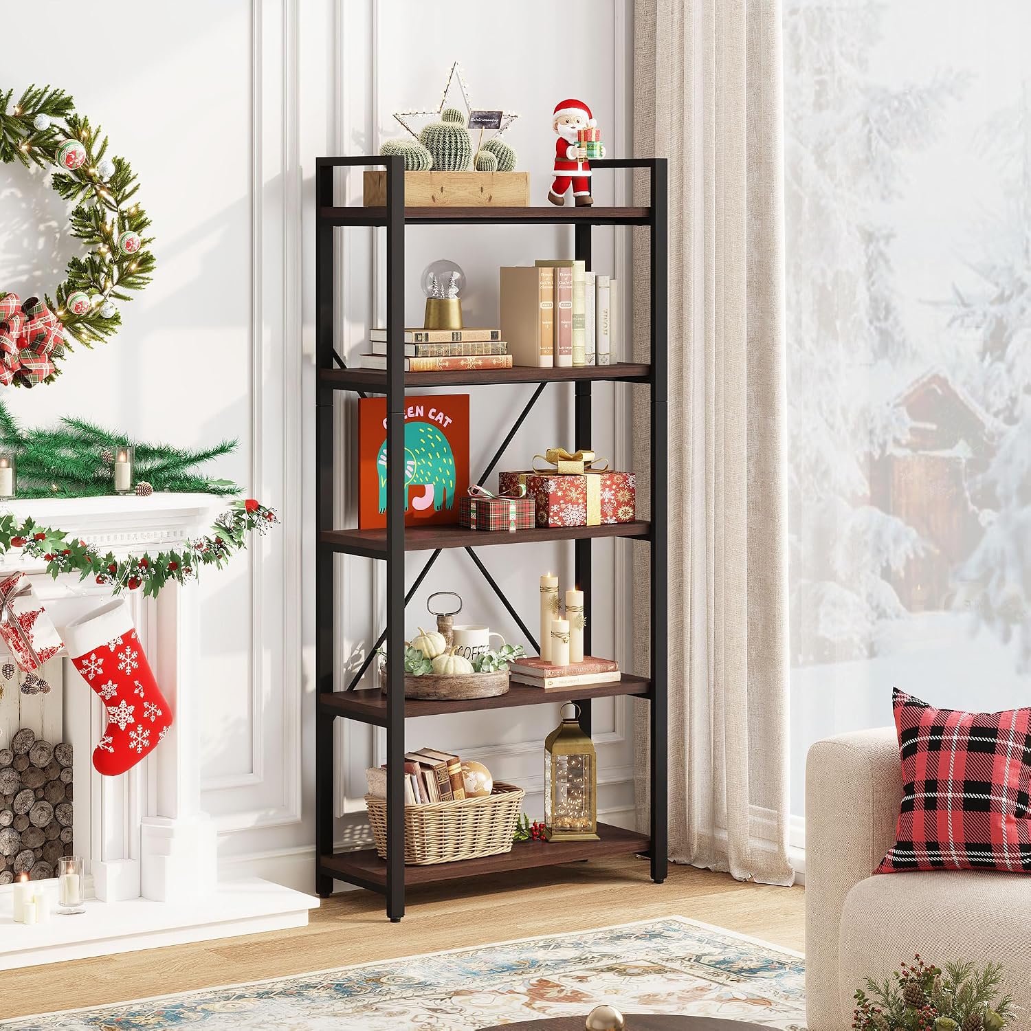5 Tier Industrial Bookshelf, Rustic Etagere Bookcase for Display, Vintage Shelving Unit Wood and Metal Tall Book Shelves for Home Office (Dark Walnut)