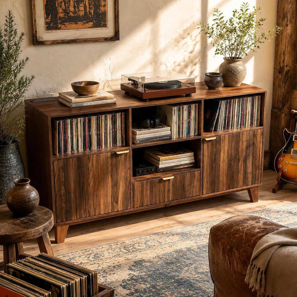knoworld Large Record Player Stand with Vinyl Storage, Mid Century Modern Tur...