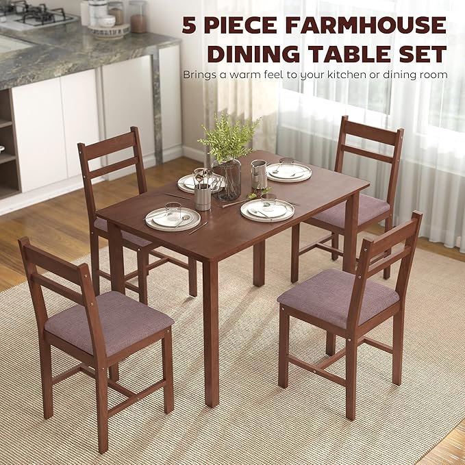 HOMCOM 5-Piece Solid Wood Dining Table Set for 4, Farmhouse Kitchen Table with Upholstered Chairs for Small Space, Dining Room, Breakfast Nook, Light Brown and Brown