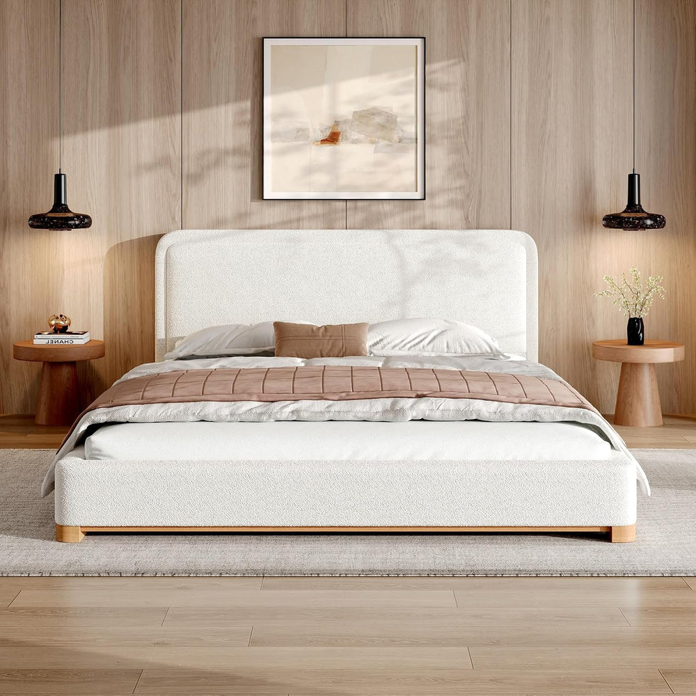 Peanu Queen Bed Frame, Boucle Upholstered Headboard, White Base
