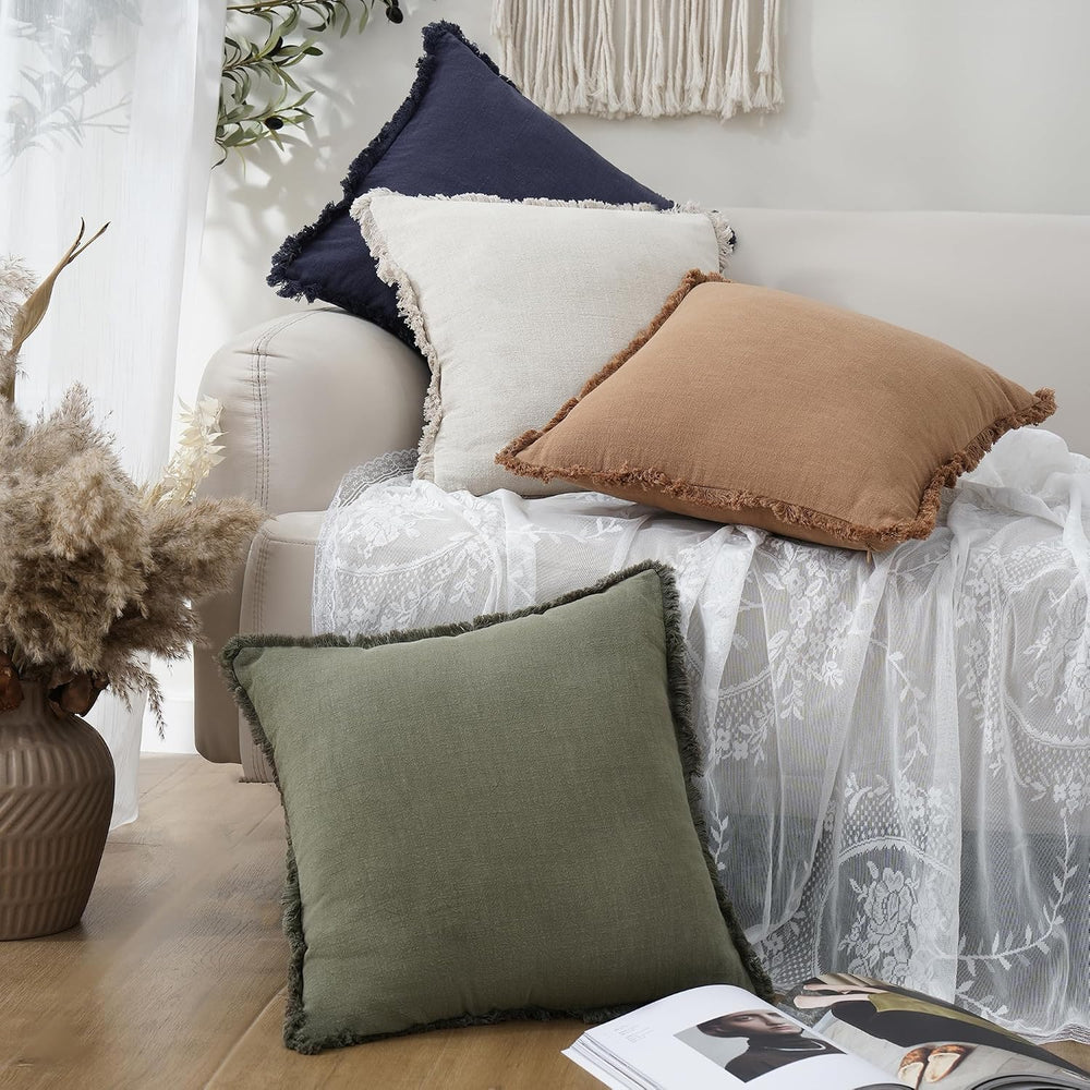 Foindtower Decorative Linen Fringe Throw Pillow Covers 22×22 Olive Green