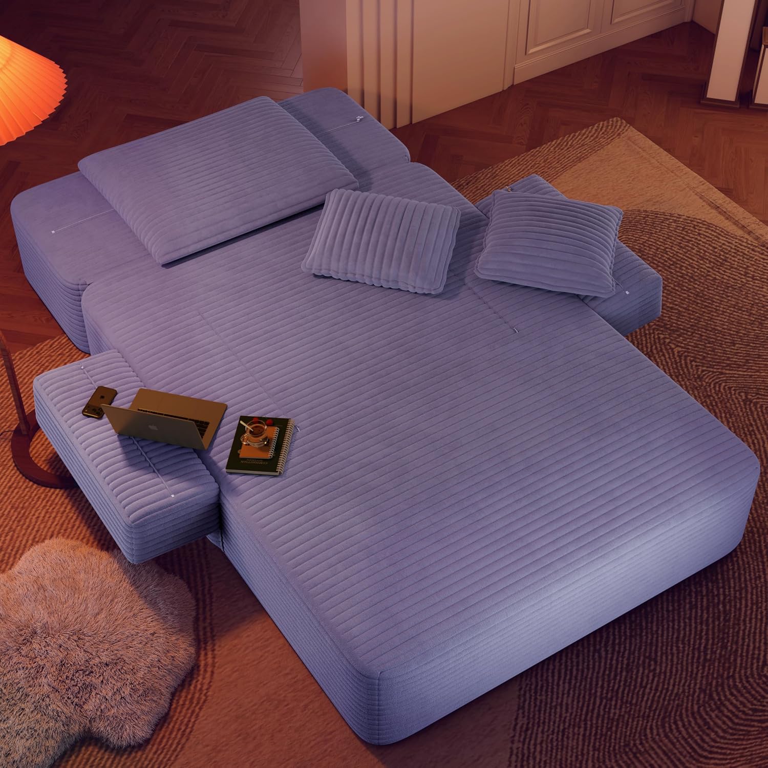 Avenix 70" Boneless Oversized Chaise Lounge Chair Indoor, Corduroy Comfy Oversized Reading Sleeper Chair Boneless Sofa Couch Bed with 3 Pillows, No Assembly Required, Purple