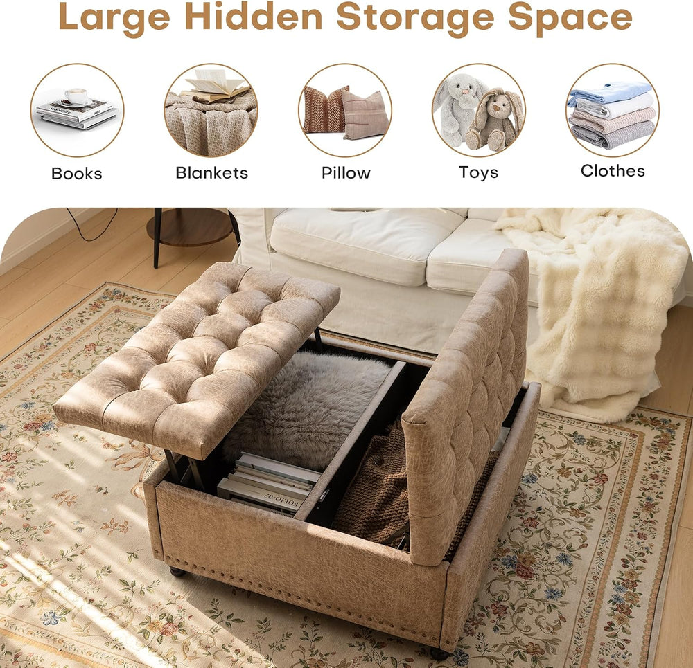 Redlife 35 Inch Large Square Storage Ottoman, Coffee Table Ottoman, Faux | Li...