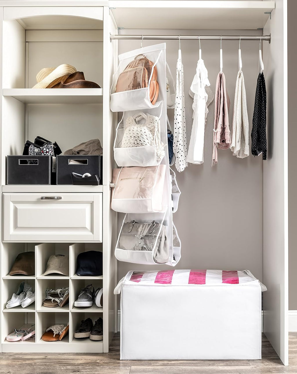 ZOBER Hanging Purse Organizer, Breathable Nonwoven Handbag Organizer, 8 Easy Access Clear Vinyl Pockets, White, 48 L x 12 W