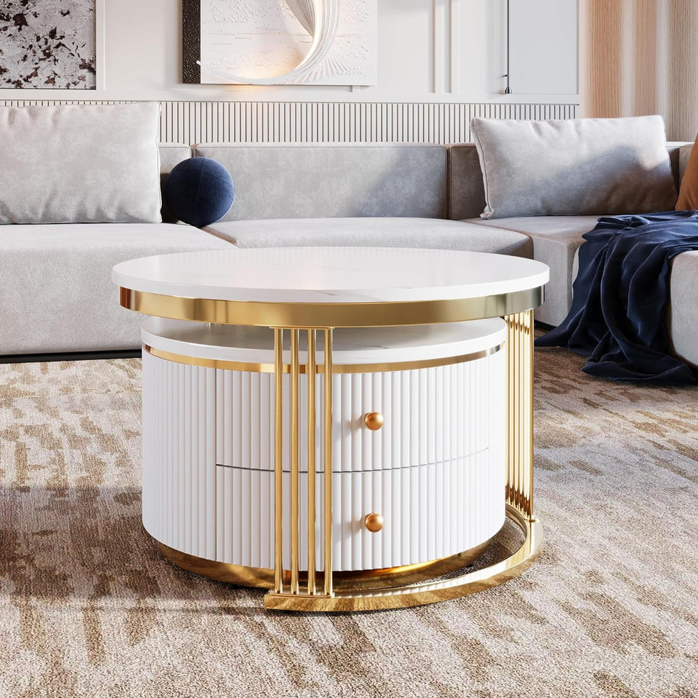 WILLIAMSPACE 27.6" Round Nesting Coffee Table with 2 Drawers, Modern Woo...