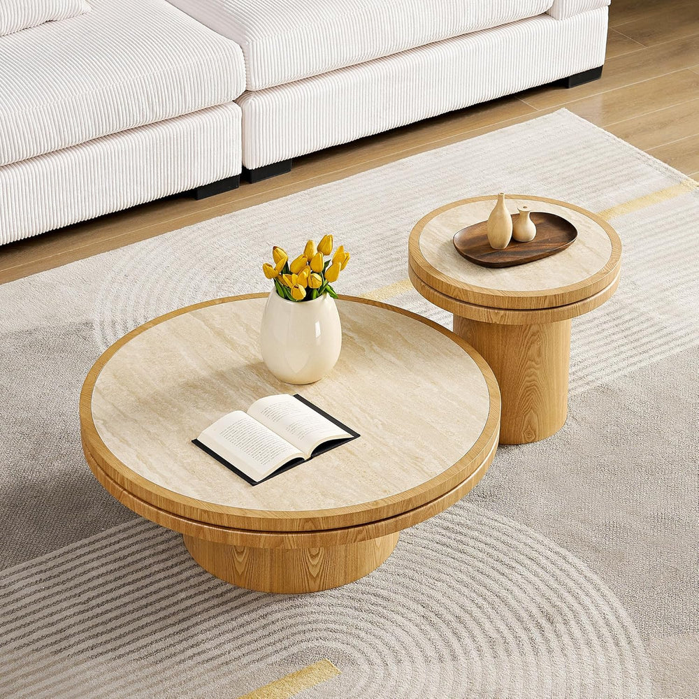 Round End Table Modern Side Table with Sintered Stone Top & Natural Wood ...