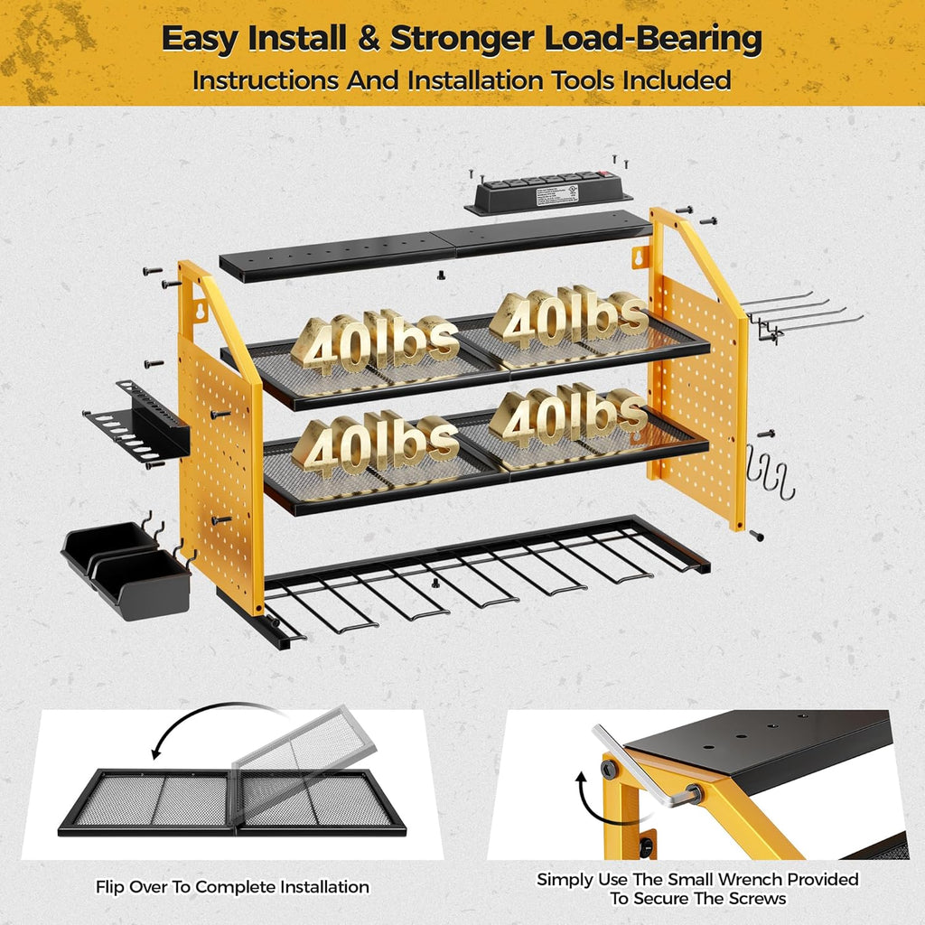 LBT Power Tool Organizer With Charging Station,Patented,Heavy Duty Steel,6 Drilling Rig Sizes With Hooks And Screw Boxes,6 sockets,Easy To Install Garage Storage Rack,Great Gift For Men, Yellow
