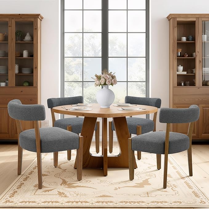 Modern Dining Chairs Set of 4, Walnut Upholstered Kitchen & Dining Room Chairs, Mid Century Wooden Dining Chairs Oversized Sturdy Fabric Rounded Chairs Curved Back, Dark Grey