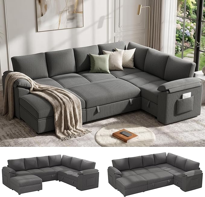 108 Inch Sectional Sleeper Sofa Bed with Pull Out Couch, U Shaped 7 Seat Cloud Modular Sectional Sofa with Storage, Corduroy Sectional Couches for Living Room, Removable Sofa Cover, Dark Grey