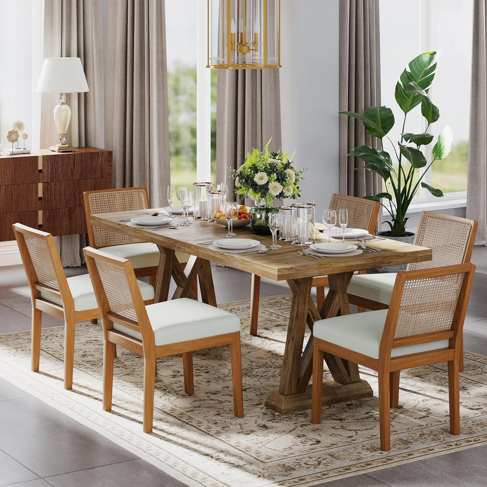 Andeworld Farmhouse Natural Rattan Dining Chairs Set of 6, Upholstered Mid Ce...