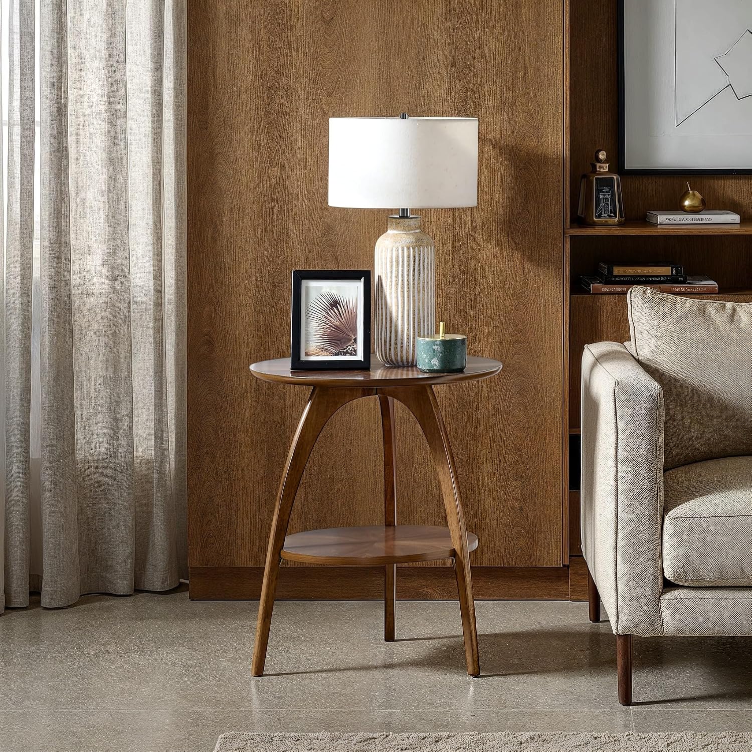 Martin Svensson Home LAX Retro Mid-Century Modern Round Wood End Table, Solid Grain Side Table with Lower Shelf, Small Accent Table for Living Room or Nightstand. Walnut Brown.