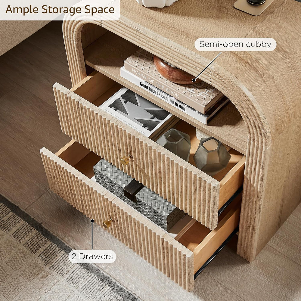 T4TREAM 24" Fluted Nightstand Set of 2 with Charging Station, Natural Oa...