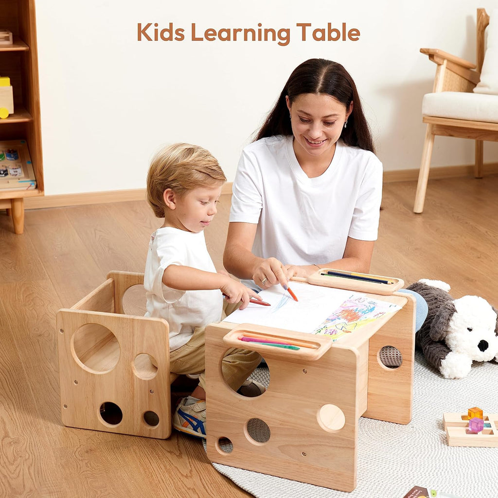 Montessori Weaning Table and Chair Set, Adjustable Toddler Furniture to 1-3 | Solid Wood Material, Multi-Scene Use, Ideal for Learning, Eating and Drawing, Safe Activity Furniture for Baby Boys and Girls
