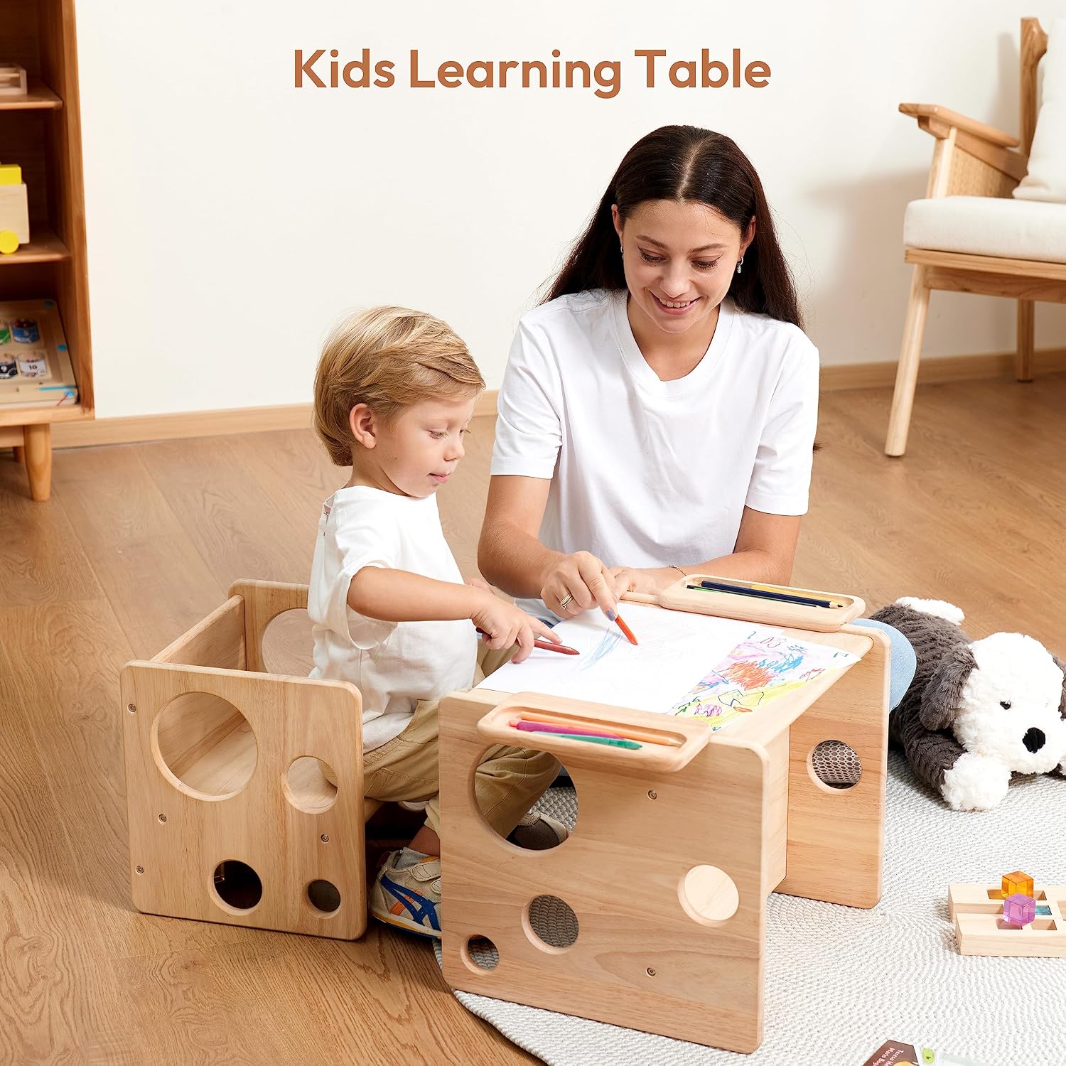 Montessori Weaning Table and Chair Set, Adjustable Toddler Furniture to 1-3 | Solid Wood Material, Multi-Scene Use, Ideal for Learning, Eating and Drawing, Safe Activity Furniture for Baby Boys and Girls
