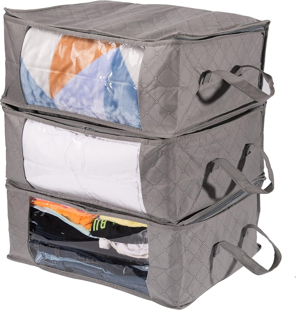 Amazon Basics Foldable Large Zipper Storage Bag Organizer Cubes with Clear Window & Handles, 3-Pack, Gray