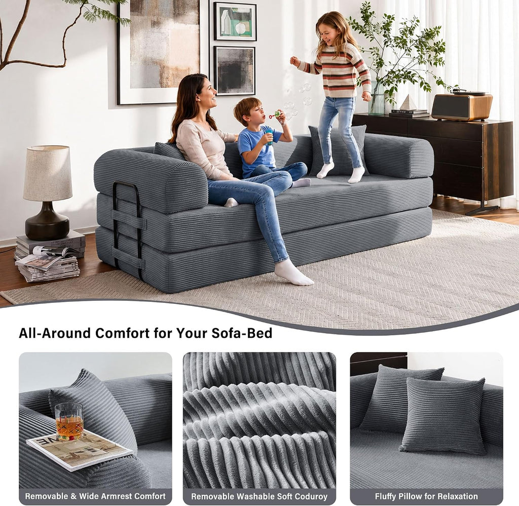 79" Convertible Sofa Bed, Boneless Sleeper Futon Couch for Living Room | 5-in-1 Sleeper Sofa, Boneless Pull Out Couches with Soft Corduroy, No Assembly Required, Apartment Friendly, Dark Grey
