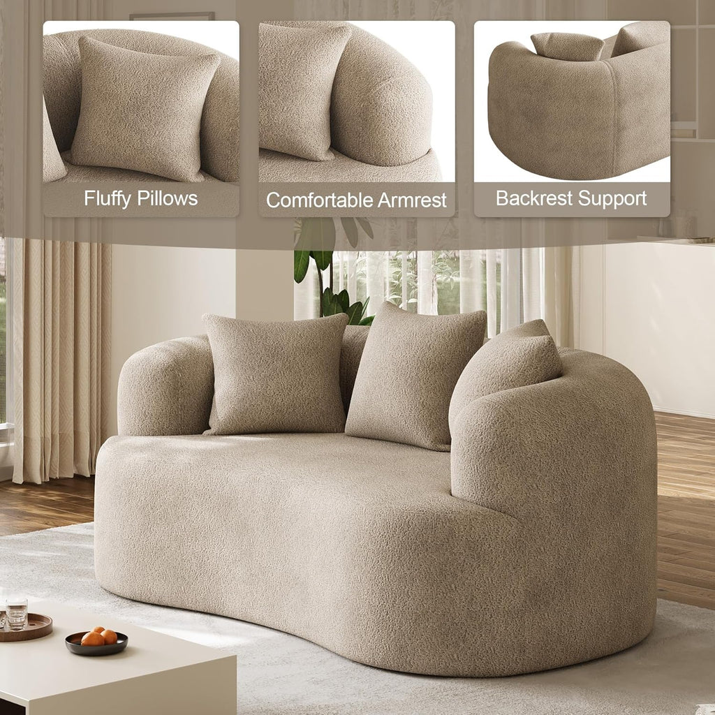 DAMAIFROM 68.5" Loveseat Sofa for Living Room, Modern Luxury Plush Chenille Extra Deep Seat Curved Cloud Floor Couch with 3 Throw Pillows for Small Spaces, No Assembly Needed, Light Brown