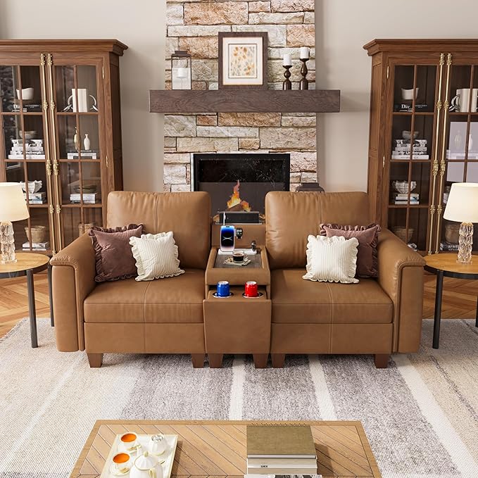 SITJOY 79" Faux Leather Modular Sectional Sofa with Storage, Mid Century Modern Sectional Couches for Living Room, 2 Seat Loveseat Couch and Console Table, Hidden Cupholders, Brown