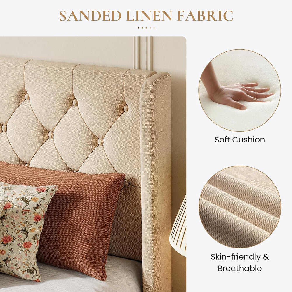 SHA CERLIN Queen Upholstered Bed Frame, Button Tufted Design, Beige