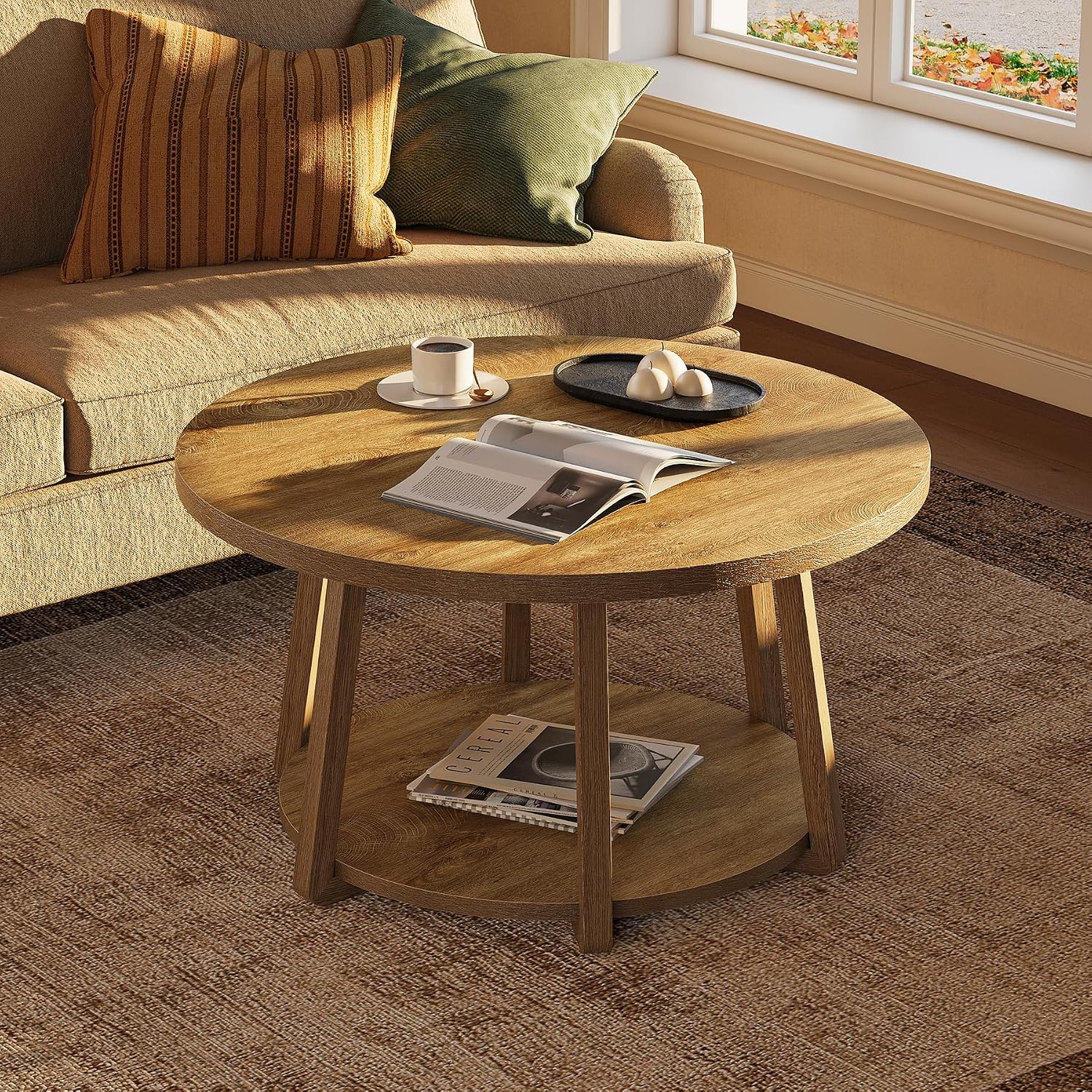 LITTLE TREE Round Coffee Table, 2-Tier Center Table with Storage | Wooden Legs, 31.5 Dia. x 19.6 H Inches, Easy Assembly, Circle Coffee Tables for Living Room, Bedroom