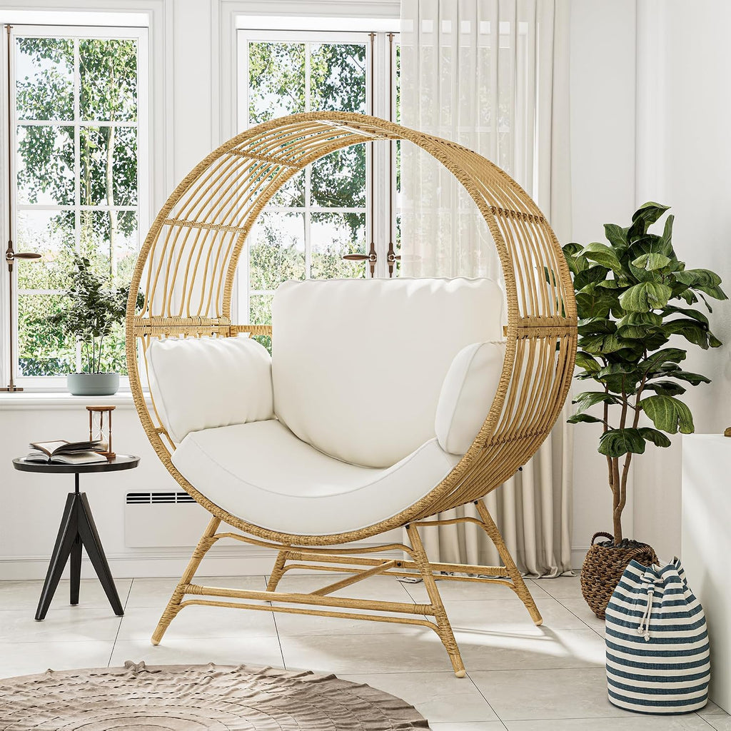 Bifanuo Oversized Egg Chair Indoor/Outdoor Rattan Hanging Basket Chair with Thickened Cushion Supports 350LBS – Wicker Patio Lounge Chair for Balcony Porch Living Room Backyard (Beige)
