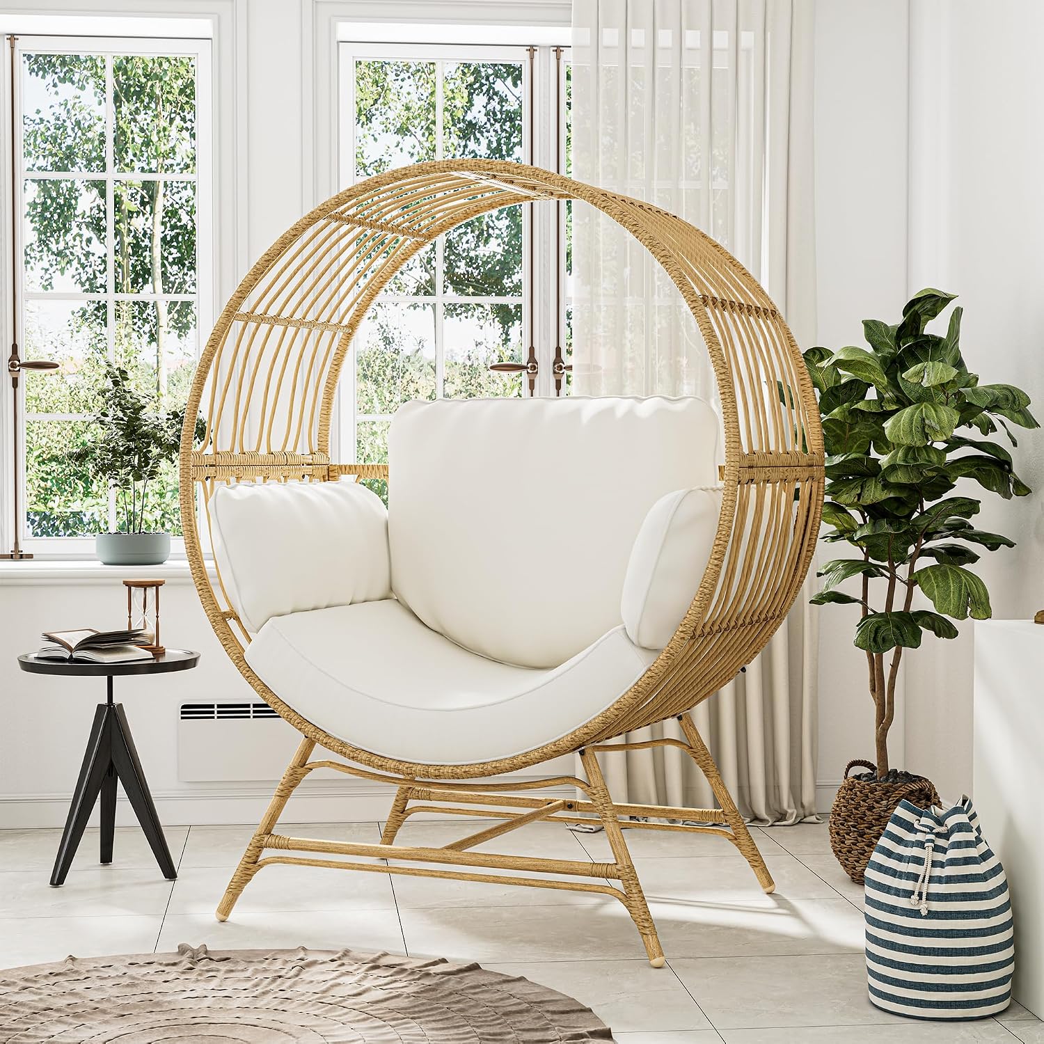 Bifanuo Oversized Egg Chair Indoor/Outdoor Rattan Hanging Basket Chair with Thickened Cushion Supports 350LBS – Wicker Patio Lounge Chair for Balcony Porch Living Room Backyard (Beige)