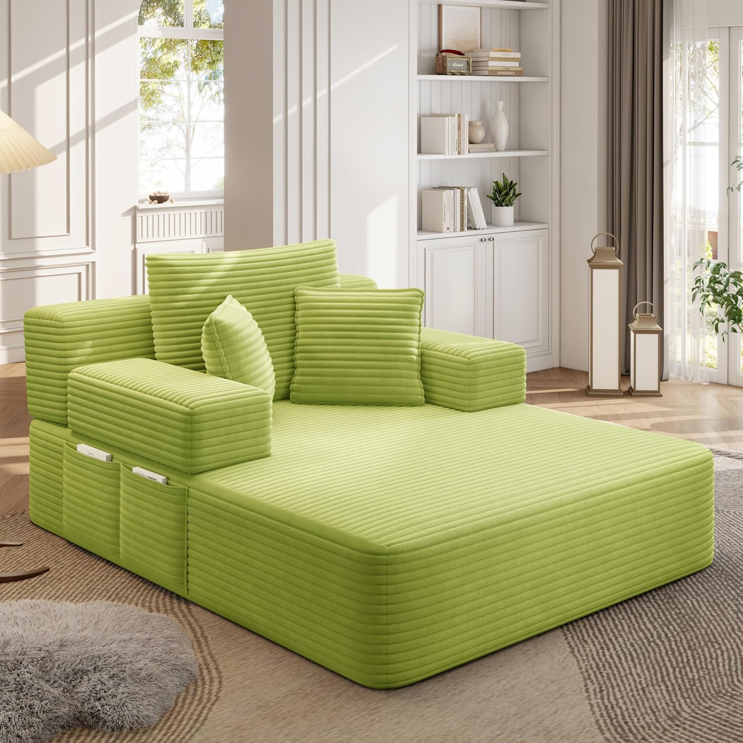 48.5" Boneless Chaise Lounge Chair Sofa Bed Indoor with Zip-Down Convertible Armrests & Backrest, Oversized Cloud Upholstered Compression Sleeper Couch Reading Chairs w/Side Pockets