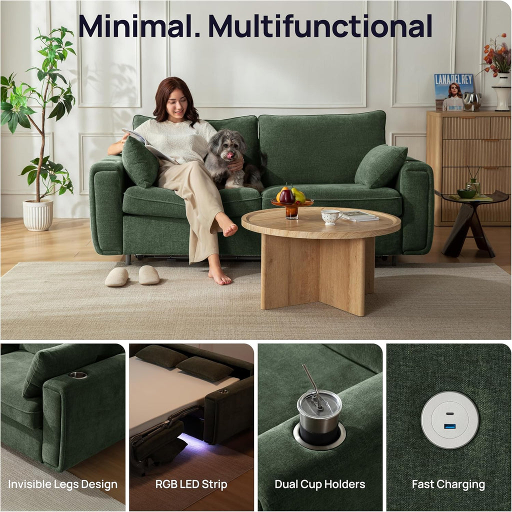 Pull Out Sofa Bed, No Cushion Removal, Queen Sleeper Sofa with USB Fast Charging, Memory Form Mattress, 2-in-1 Convertible Comfy Loveseat Couch Bed for RV, Apartment, and Small Spaces (Green)