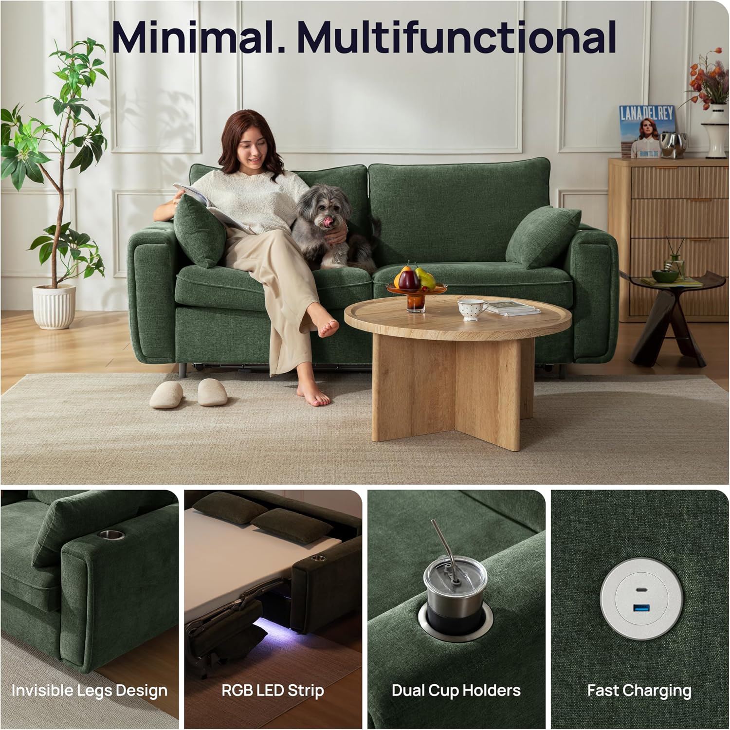 Pull Out Sofa Bed, No Cushion Removal, Queen Sleeper Sofa with USB Fast Charging, Memory Form Mattress, 2-in-1 Convertible Comfy Loveseat Couch Bed for RV, Apartment, and Small Spaces (Green)