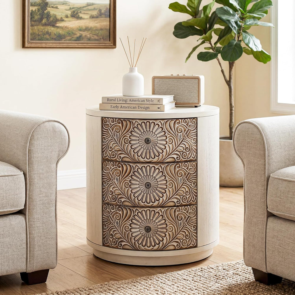 HOMPUS Round End Table Set 2, Fully Assembled Nightstand w 3 Storage Drawers,...