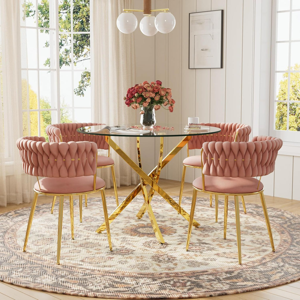 Round Glass Dining Table Set for 4, 36'' Small Circle Glass Kitchen Table with 4 Luxury Pink Gold Velvet Dining Chairs, 5-Piece Dining Room Table Set for Small Place(Gold Base)