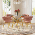 Round Glass Dining Table Set for 4, 36'' Small Circle Glass Kitchen Table with 4 Luxury Pink Gold Velvet Dining Chairs, 5-Piece Dining Room Table Set for Small Place(Gold Base)