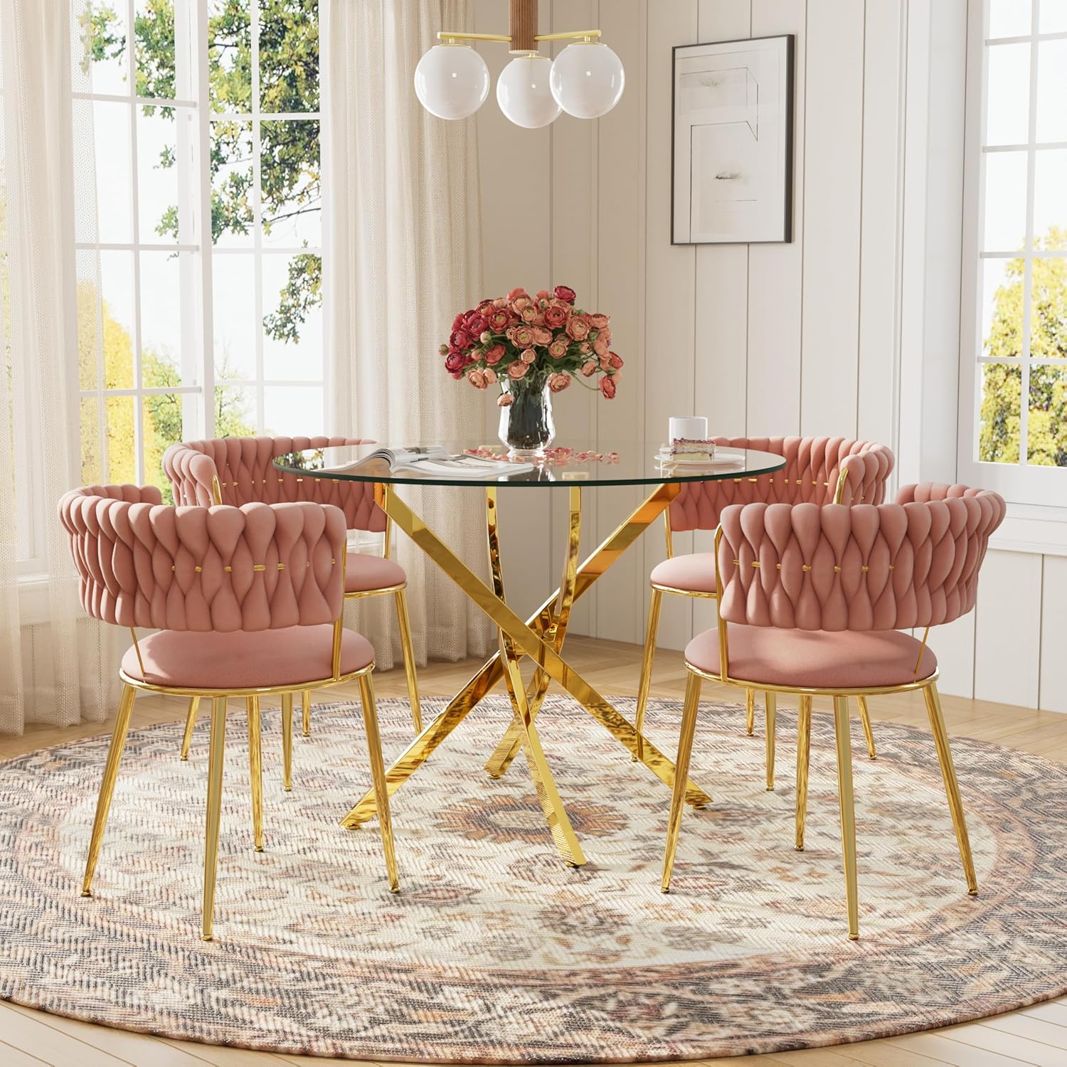 Round Glass Dining Table Set for 4, 36'' Small Circle Glass Kitchen Table with 4 Luxury Pink Gold Velvet Dining Chairs, 5-Piece Dining Room Table Set for Small Place(Gold Base)
