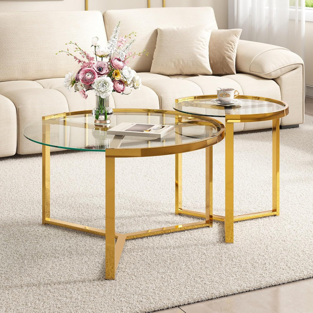 Glass Nesting Coffee Table Set with Metal Frame & Glam Design, Transparen...