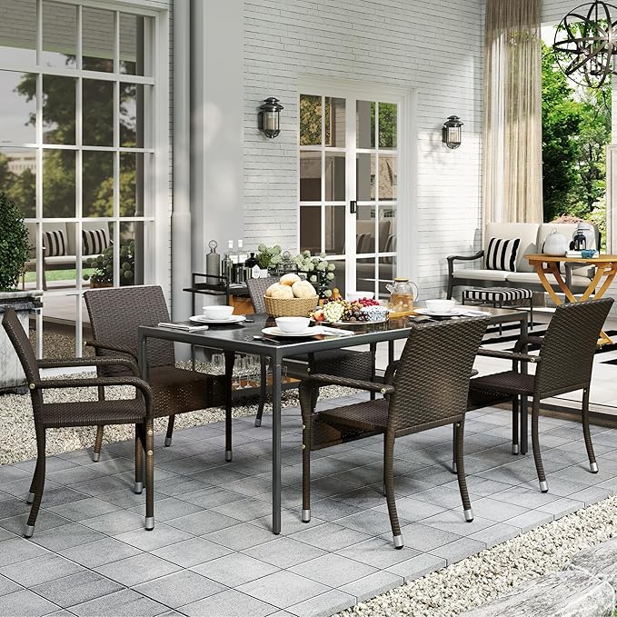 Yaheetech Set of 4 Stackable Outdoor Rattan Dining Chairs, All-Weather Armchair w/Armrests, Steel Frame for Garden, Patio, Deck, Yard, Poolside, Brown