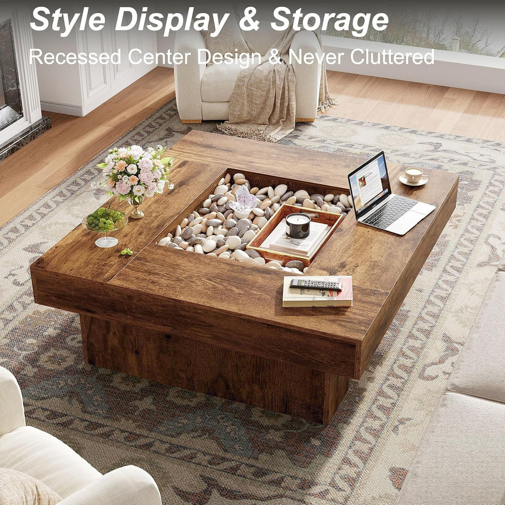 LVB 39"x39" Large Square Rustic Brown Wood Coffee Table for Living ...