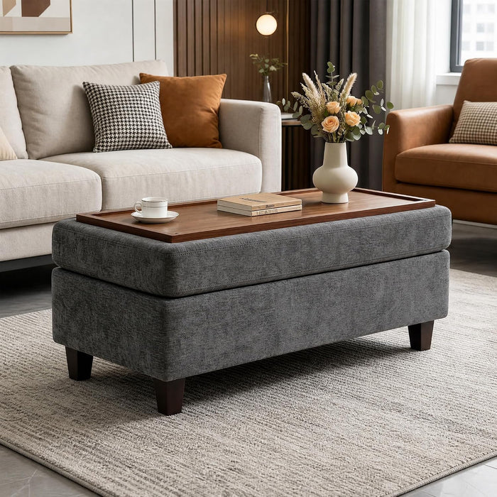 GENTEACO 45" Ottoman Coffee Table with Storage, Reversible Wooden Tray Top, Large Storage Ottoman Bench, Chenille Upholstered Storage Bench for Living Room, Bedroom, Entryway,Dark Gray