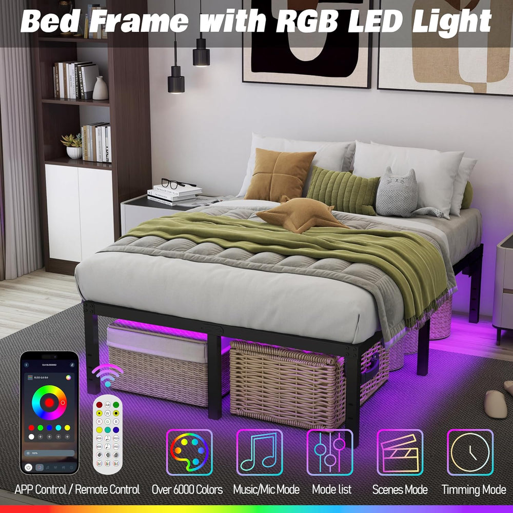 King Size Bed Frame King Platform Bed Frame with LED Lights 14 Inch Tall Matt...