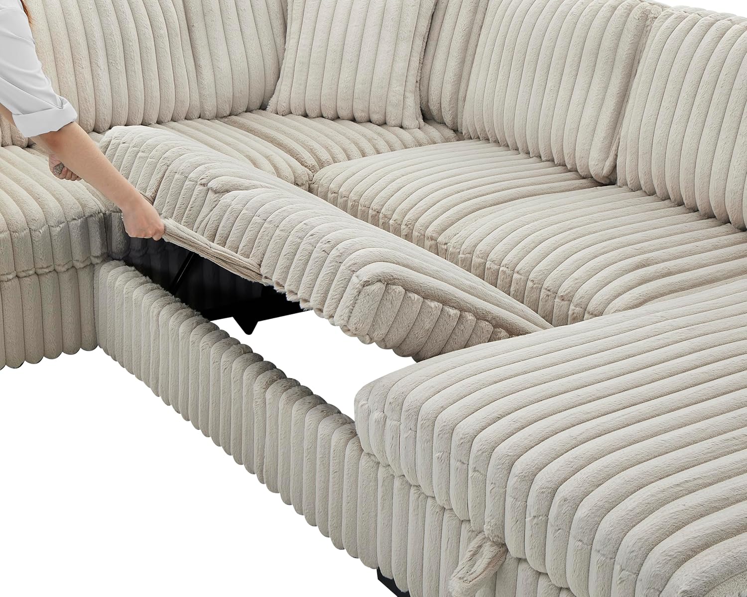 122-Inch Oversized Sectional Sleeper Sofa with Pull Out Bed,Khaki | Plush Corduroy U Shaped Modular Couch Gifts for Men Women, Storage Chaise Lounge and USB Charging Port,6 Seat Sectional Couch